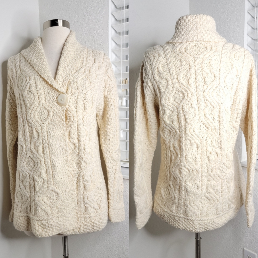 INIS CRAFTS Merino Wool Chunky Knit  Cardigan Cream M.